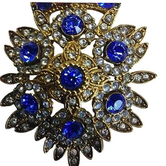 JOAN RIVERS Vintage Royal Monarch Maltese Cross Gold Blue Red‎ Brooch Signed